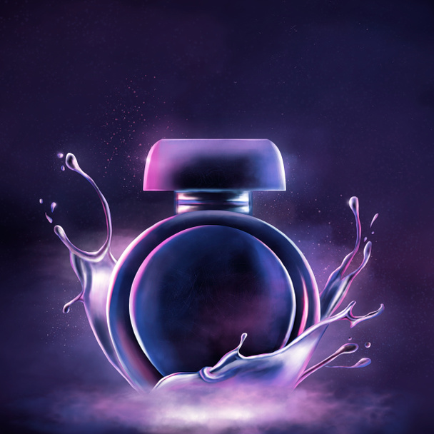 Beautiful neon perfume bottle. Hand drawn digital illustration. - Photo, Image