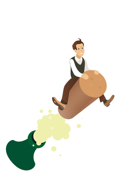funny concept - a man flying on the cork, businessman is celebrating - Vector, Image
