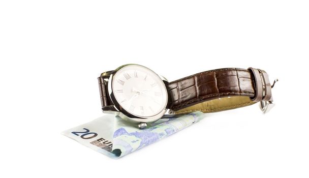 Relógios e notas de euro
 - Foto, Imagem