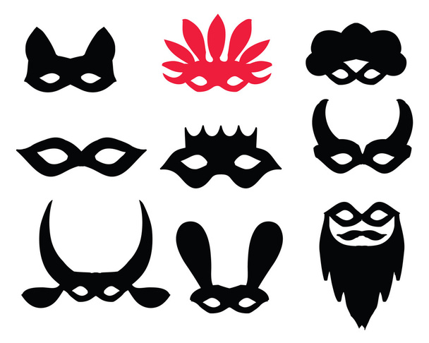 Carnival masks silhouette  set - black silhouettes. For party, carnival. Collection of festive vector decor elements. Bearded mask, king, donkey, devil, cat mask, venis mask red shape. - Vector, Image