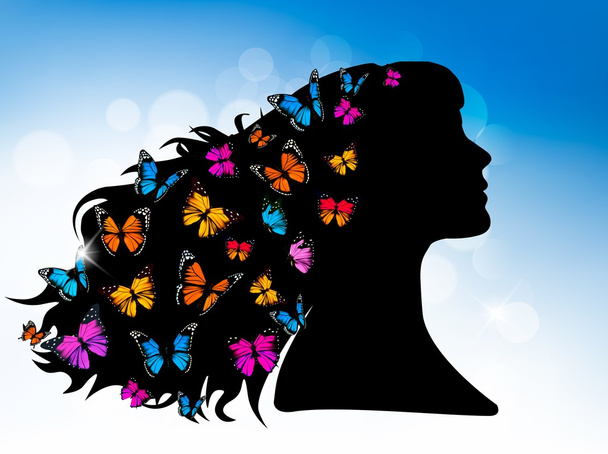 Güzel kadınlar siluet başından renkli kelebekler ile - Vektör, Görsel