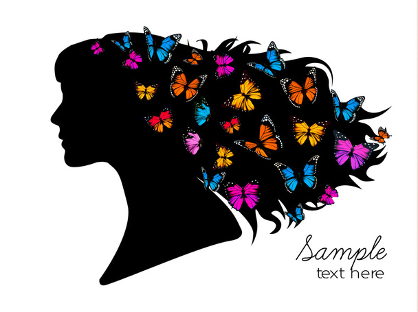 Beautiful women silhouette with colorful butterflies in the head - Вектор, зображення