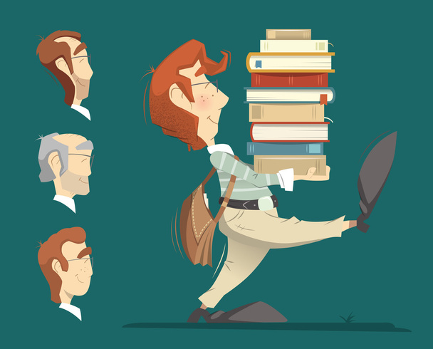 Student holding a heap pile stack of books - Vector, Image