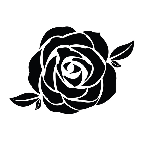 Schwarze Silhouette der Rose mit Blättern - Vektor, Bild