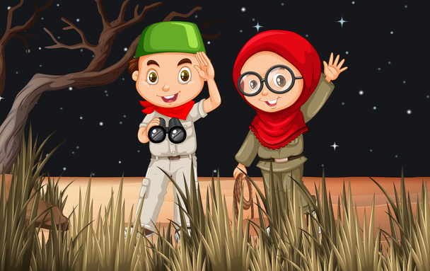Boy and girl camping out in the field - Vector, Image
