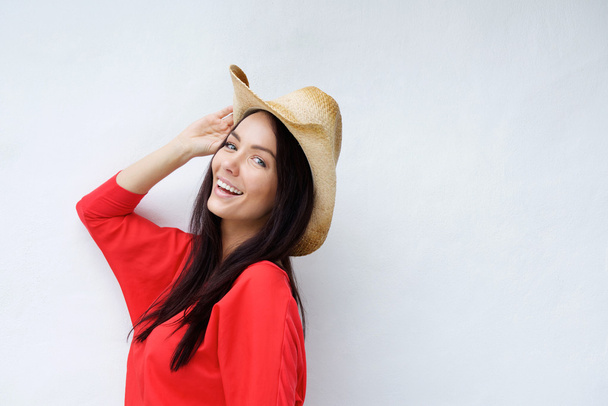 Jovem mulher rindo com chapéu de cowboy
 - Foto, Imagem