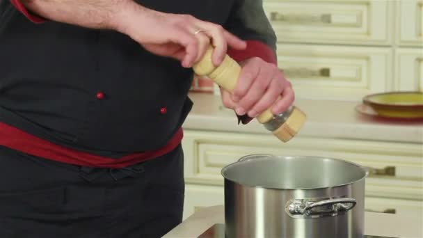Profesjonalny kucharz ręce dodając sól, pieprz i przyprawy do posiłku - Materiał filmowy, wideo