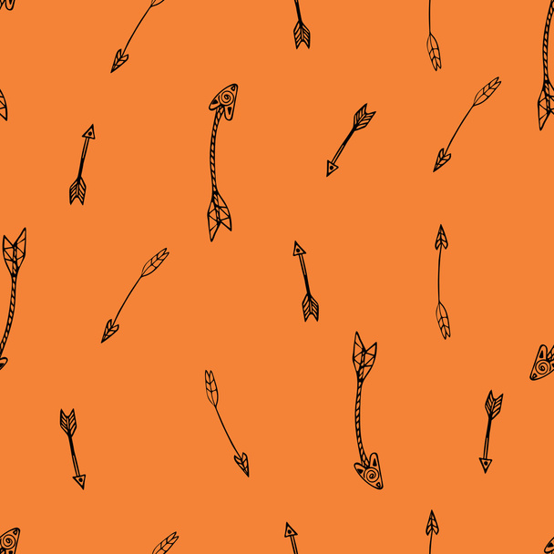 Ethnic seamless pattern. Texture with tribal hand drawn arrows. Native american design. Backdrop with vintage arrows. Black doodle elements on the bright orange background. Vector illustration. - Vector, afbeelding