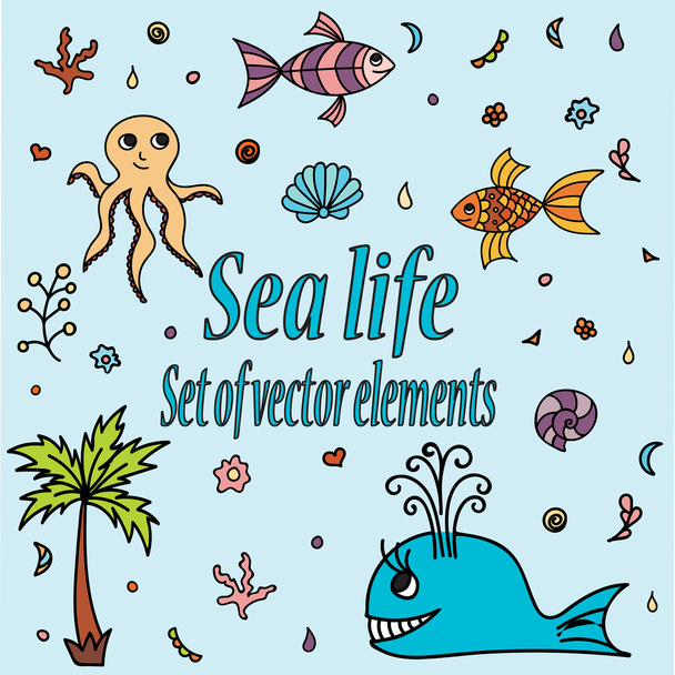 Set of sea animals and elements. Cute aquatic creatures. Hand drawn illustration with shells, whale, palm tree, fishes, octopus and coral. Vector cartoon icons. Marine life - Vektori, kuva