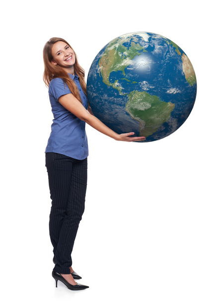 Woman in full length holding earth globe - Фото, изображение