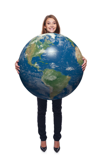 Woman in full length holding earth globe - Photo, Image