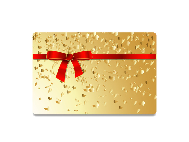 Золота подарункова картка з елементами серця та бантом з червоної стрічки
 - Вектор, зображення