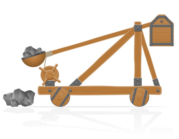 old wooden catapult loaded stones vector illustration - Вектор,изображение