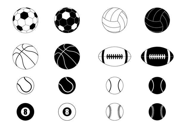 The Set Of Black And White Sports Balls Vector Illustration Silhouettes - Vector, Image