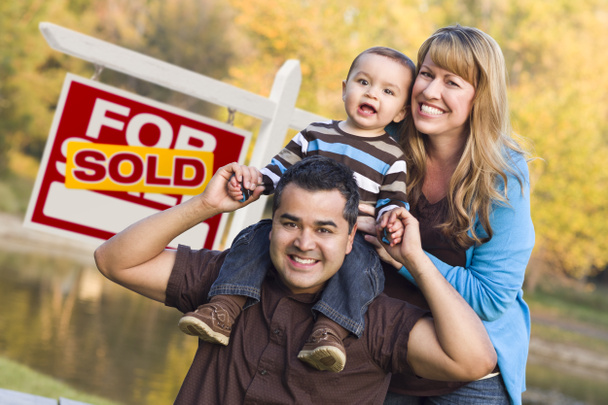 Mixed Race Couple, Baby, Sold Real Estate Sign - Photo, Image
