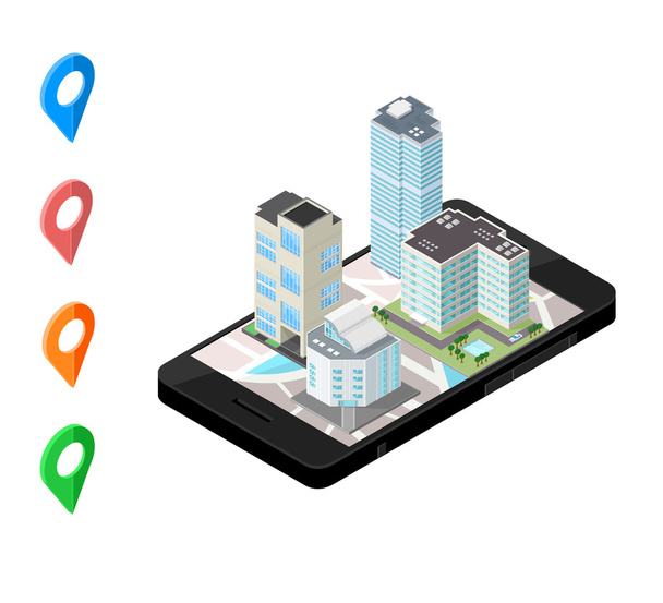 Icône isométrique illustration d'un vecteur Carte de navigation par téléphone intelligent pour une ville urbaine
. - Vecteur, image