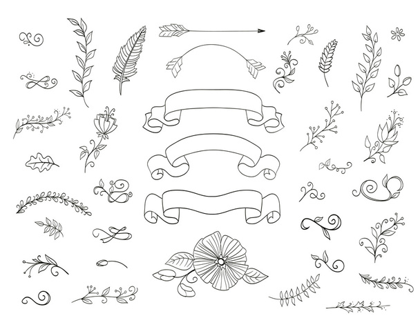 set of floral design elements. doodle wreaths, arrows, flowers,  - Vector, Image