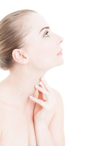 Profile view of woman touching her neck skin - Zdjęcie, obraz