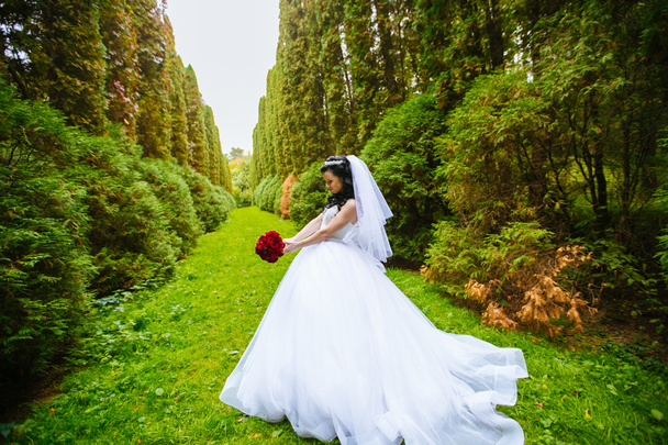 bride holding elegant bouquet in park - Foto, Imagen