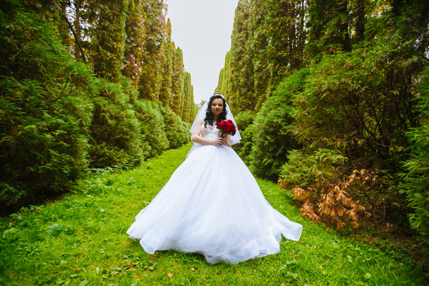 dynamic bride in a magnificent dress with bouquet dancing - Fotografie, Obrázek