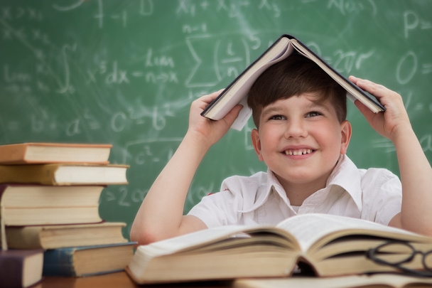 Funny schoolboy  holding book over head  - Fotó, kép