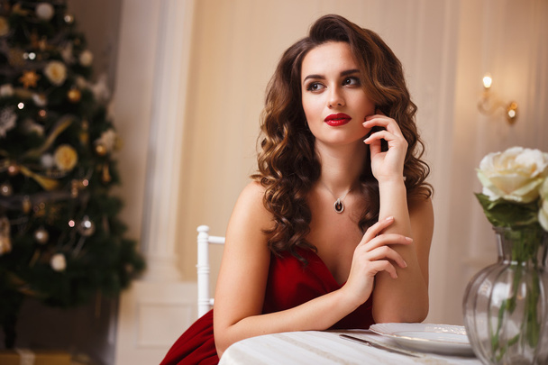 Close-up portrait of beautiful young woman in gorgeous red velvet evening dress sitting by the table in expensive interior - Fotoğraf, Görsel