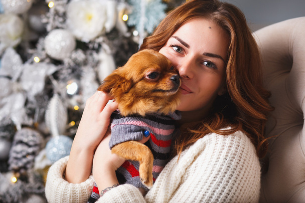 Portrait of a girl in white clothes with a little dog together over light christmas background - Foto, Bild