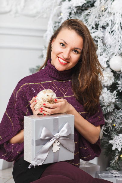 Portrait of a girl in white clothes with a little hedgehog together over light christmas background - Photo, Image