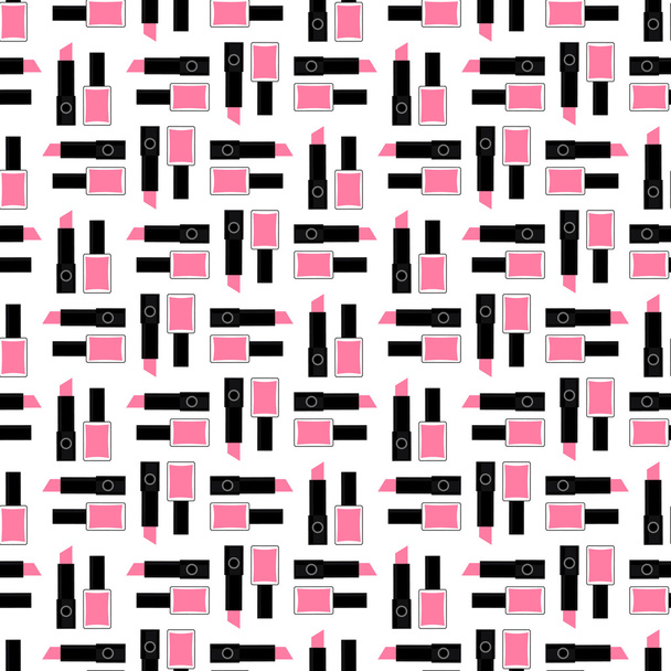 Seamless beauty pattern. Cute fashion illustration with pink lipstick and nail polish. - Vektor, obrázek