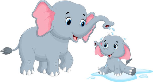 Dibujos animados madre elefantes bañar a su hijo
 - Vector, Imagen