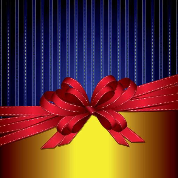 Red gift ribbon bow on gold and blue background - Вектор, зображення