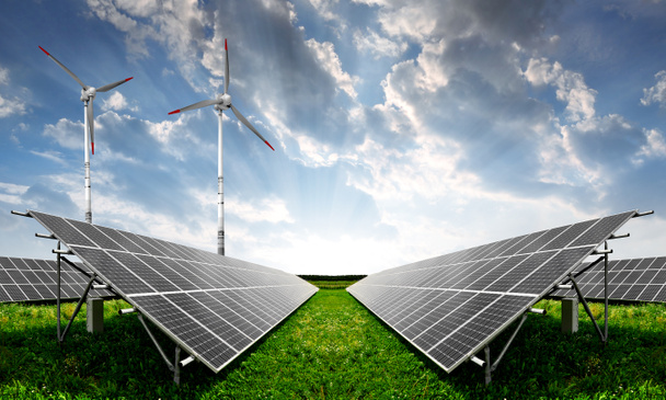 Solar energy panels and wind turbine - Photo, Image