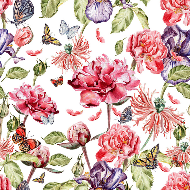 watercolor pattern with beautiful butterflies and flowers iris, poppies, peonies.  - Фото, изображение