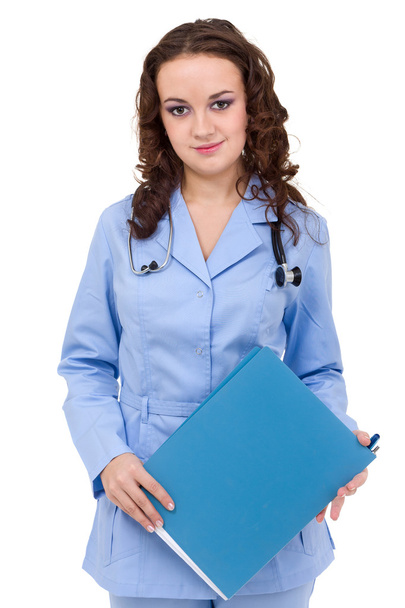 Young woman doctor showing empty blank clipboard sign with copy space for text. - Foto, imagen
