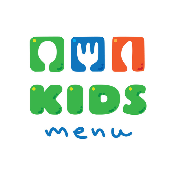 Kinderen Menu logo met grappige lepel, vork en mes - Vector, afbeelding