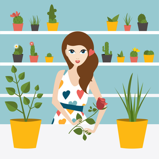 Florist sales woman in flower store. Flat design. - Vector, Image