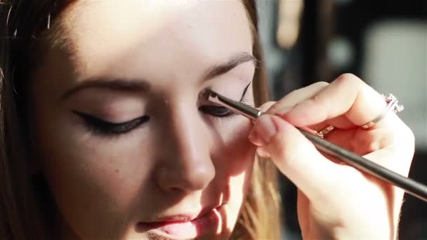 Maquiagem de olho profissional: aplicação de sombra de olhos. Close-up
 - Filmagem, Vídeo