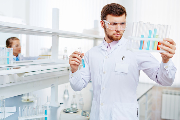 Young chemist looking at flasks - Photo, Image
