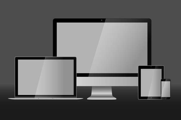 Реалистичная векторная иллюстрация ноутбука, настольного компьютера, планшета и смартфона на сером фоне
 - Вектор,изображение