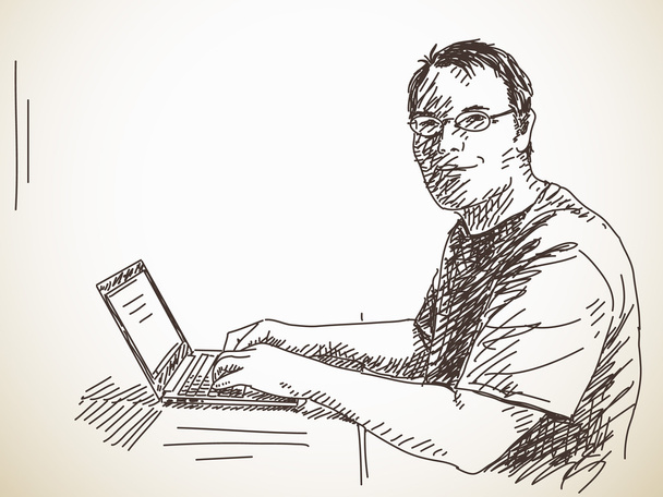 Sketch of man with computer - Vektör, Görsel