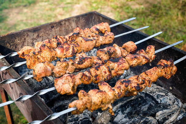 Barbecue with delicious grilled meat on grill. Barbecue weekend. Selective focus. - Φωτογραφία, εικόνα