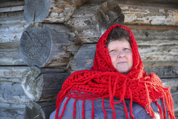 The Russian woman in  shawl warms hands near an izba - Φωτογραφία, εικόνα
