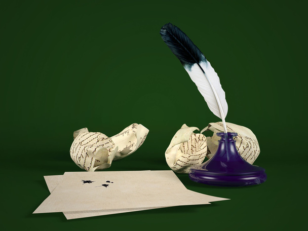 Бумага с перьевой ручкой и чернильницей
 - Фото, изображение