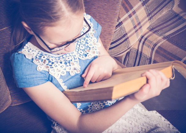 Girl reading a book at home sitting in an armchair. - 写真・画像