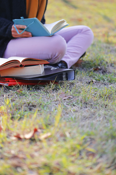 Opiskelija lukee kirjaa ruohosta.
 - Valokuva, kuva