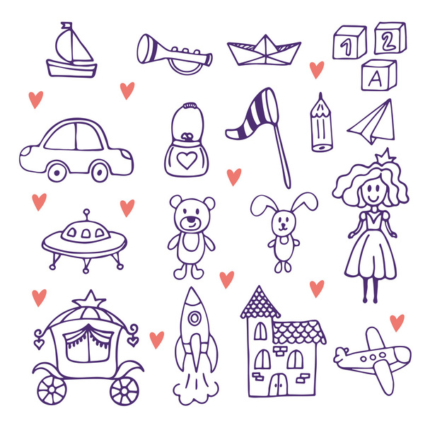 Children's toys. Set of hand drawn doodle toys - Vector, Image