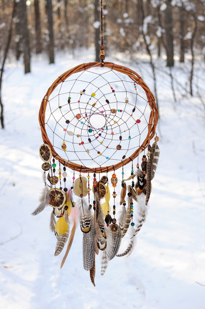 Ручной цветной ловитель снов в снежном лесу
 - Фото, изображение