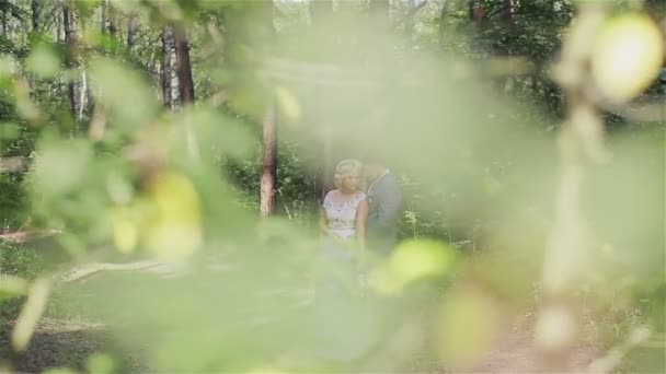 Bride and groom stand abraçando em uma floresta
 - Filmagem, Vídeo