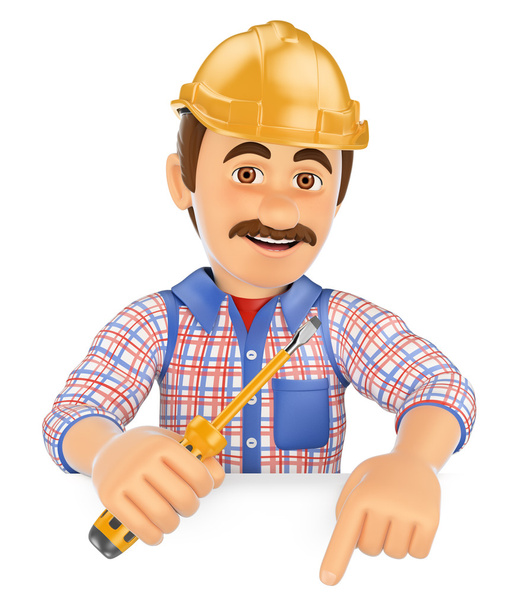 3D Electrician with a screwdriver pointing down. Blank space - Photo, Image
