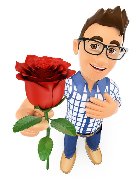 Jovem adolescente 3D dando uma rosa vermelha com a mão no coração. Amor con
 - Foto, Imagem
